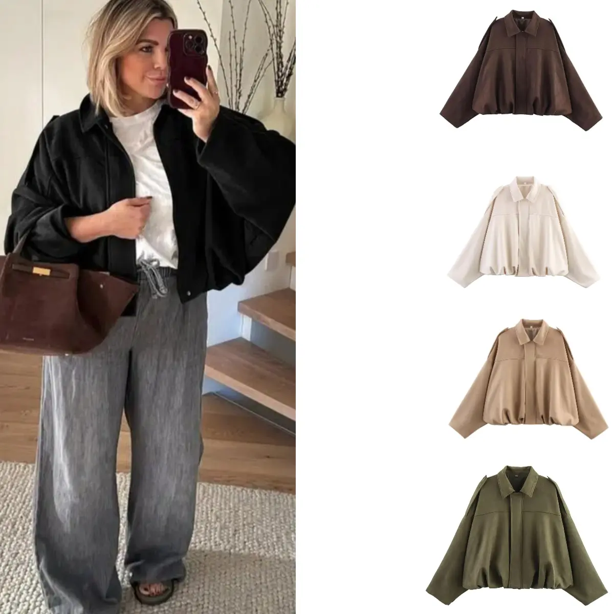 Naeduo Womens Faux Suede Bomber Jacket Oversized Lapel Zip Up Pilot Coat Streetwear Motorcycle Outerwear with Epaulets