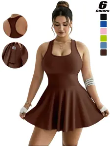 Women's Summer Sporty Casual Dress, Yoga Jumpsuit Short Skirt, Detachable Bra Pad, Inner Shorts with Side Pocket, Tennis Dress, Tennis Sports Dress, Tennis Athletic Dress