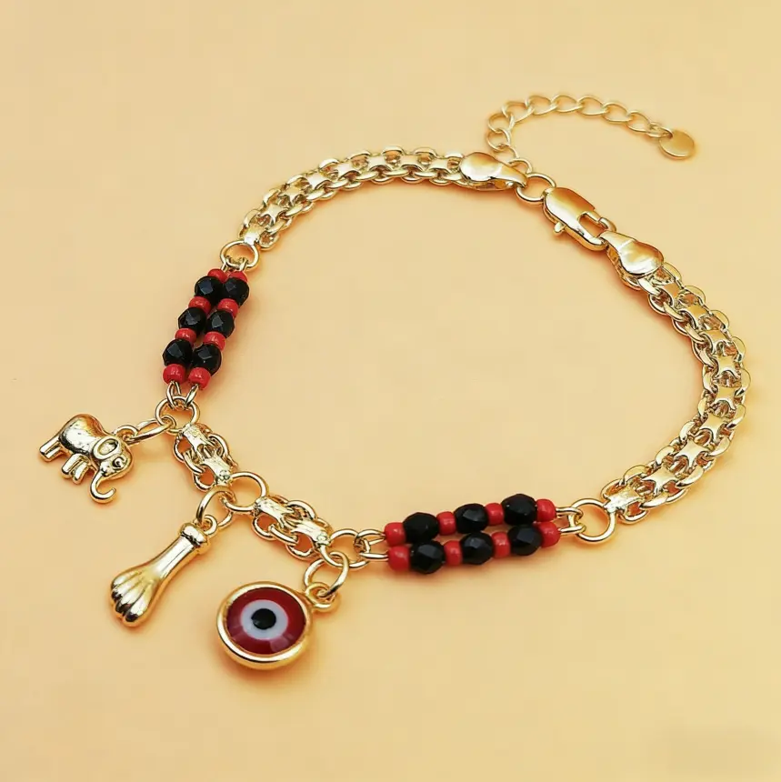 Gold-Plated Boho Ankle Bracelet with Evil Eye and Elephant Charms, Adjustable Anklets for Women, Metal-Plated Adult Jewelry