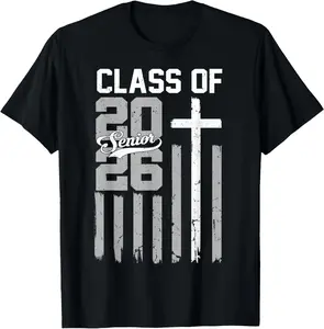 Senior Class of 2026 Christian American Flag 2026 Graduation T-Shirt Pure Cotton Graphic Tees Menswear Top: Gifts for Men & Women
