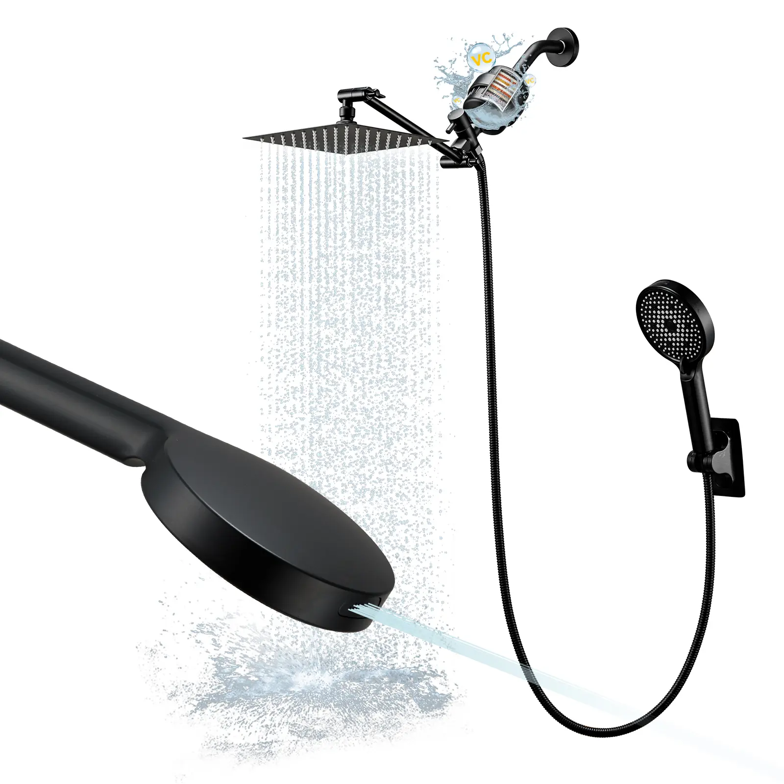 8-Inch Dual-Stage 20-Level Filtration Shower Set (with Handheld Showerhead): Includes a high-pressure rainfall filter showerhead and a handheld showerhead with 4 spray modes; comes with a 12-inch adjustable extension arm and a 71-inch hose (Matte Black).