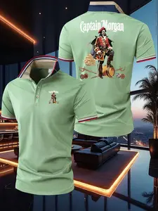Summer New Fashion Polo Shirt, Morgan Captain Print, Men's Short Sleeve, Business Slim Fit, Stretchy Knit Fabric, Comfortable and Breathable