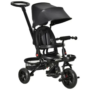 [Bellemave]Qaba Kids Tricycle 4 in 1 Trike with Reversible Seat, 2.8'-3.1' Height Push Handle, Canopy, Handrail, Safety Belt, Storage Footrest Brake Clutch, for 1-5 Years Old, Black