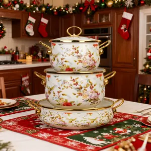 20/24/30cm Enamel Soup Pot Set, Vintage Floral Bird Design, Large Capacity, with Lid, Stackable Cookware, Gas & Induction Compatible, Enamel Cast Iron