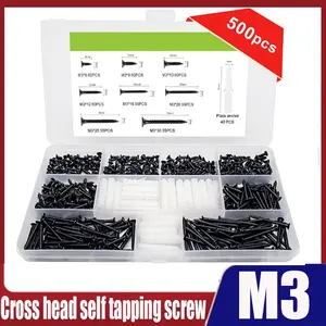 500pcs Cross Head Self-Tapping Screws M3, Hardened + Expansion Plug Set, Screw Nuts Kit, Ideal for DIY Projects and Home Repairs