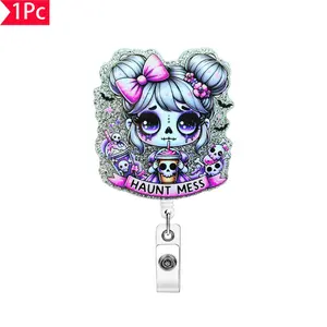 Cute Skull Pattern Retractable Medical Badge Holder, 1 Count Creative Funny Badge Reel, ID Card Holder for Student Office Staff Doctor Nurse Teacher