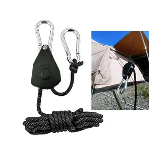 Heavy Duty Adjustable Ratchet Rope with Pulley, 2m 1/8 Inch Grow Light Rope Hanger for Tent, Outdoor Camping Hiking Climbing Accessories