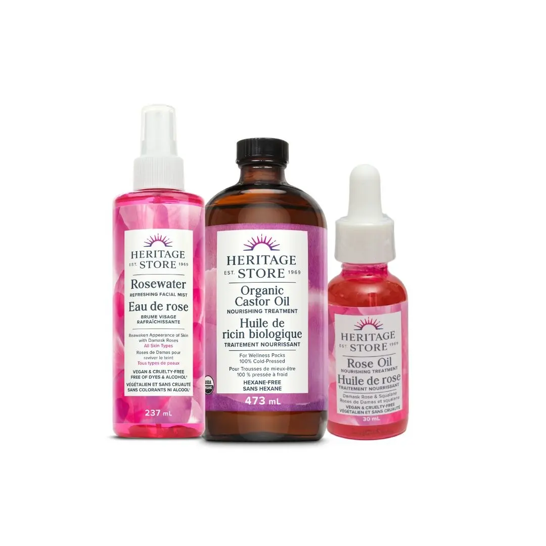 HERITAGE STORE 3-Piece Self Care Gift Set, Beauty Products for Women with Rosewater, Rose Oil & Organic Castor Oil to Moisturize and Hydrate Skin & Hair, Minimalist, Self Care Bundle Box, Moisture, Radiant Skin, Self Care Kit