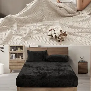 PHF 100% Cotton Weave Waffle Blanket & PHF Truly Velvet Fitted Sheet, Bedding Set for Winter