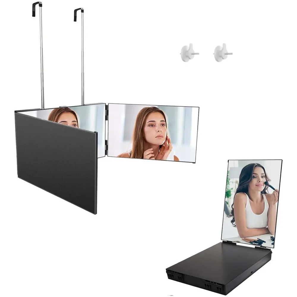 Handy Wall-Mounted Vanity Mirror - Folding 3-Sided Bathroom Mirror with Adjustable Height, 2 Fixed Pins, 360-Degree Viewing Angle, Clear Anti-Fog HD Glass for Haircuts, Shaving, Durable Birthday Gift for Boyfriend, Door-Mountable Bathroom Gadget