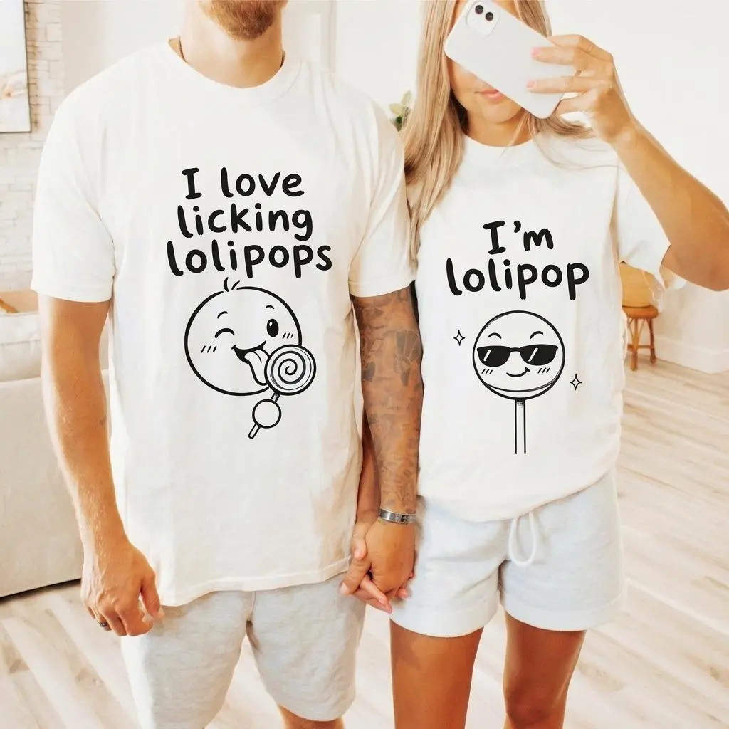 I Love Licking Lollipops Im Lollipop Matching Couple Shirts, Funny Graphic Tee Outfits for Couples, Soft Cotton Unisex Matching T-Shirts Set, Cute Best Friend Tee
