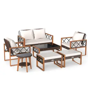 COSTWAY-7 Pieces Patio Furniture Set PE Wicker Acacia Wood Outdoor Conversation Set