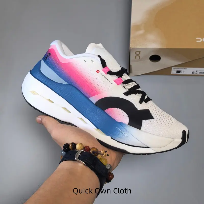 Unisex White Pink Blue Sunset Gradient Running Sneakers, Quick Dry Stretch Air Mesh Upper, High Rebound Cloud Foam Cushion Midsole, For Daily Jogging, Walking & Gym Training