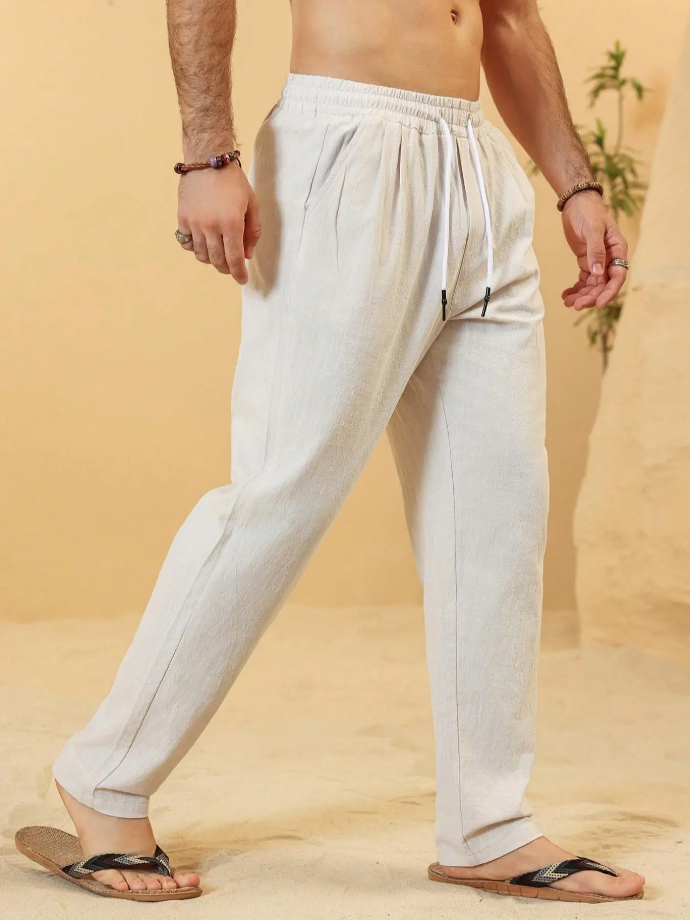 Men's Plain Drawstring Waist Straight Leg Pants, Casual Comfortable Fitted Design with Pockets, Casual Fit Comfy, Spring & Fall Fashion, Casual Outdoor Pants Drawstring Trousers