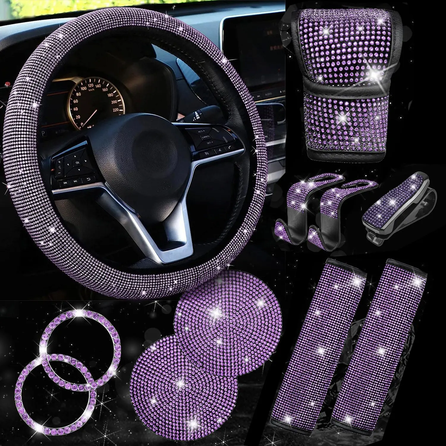 11-Piece Car Interior Decoration Set, Includes Steering Wheel Cover, Console Pad and Eyeglass Holder, Rhinestone Goddess Style Auto Interior Accessories, Elegant Interior Accessories For Car, Car Interior Decorative