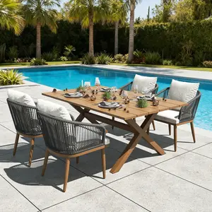 LayinSun Outdoor Patio Dining Set, 63 inchs Aluminium Rectangular Dining Table and Wicker Rattan Chairs Set for Outside Backyard, Poolside