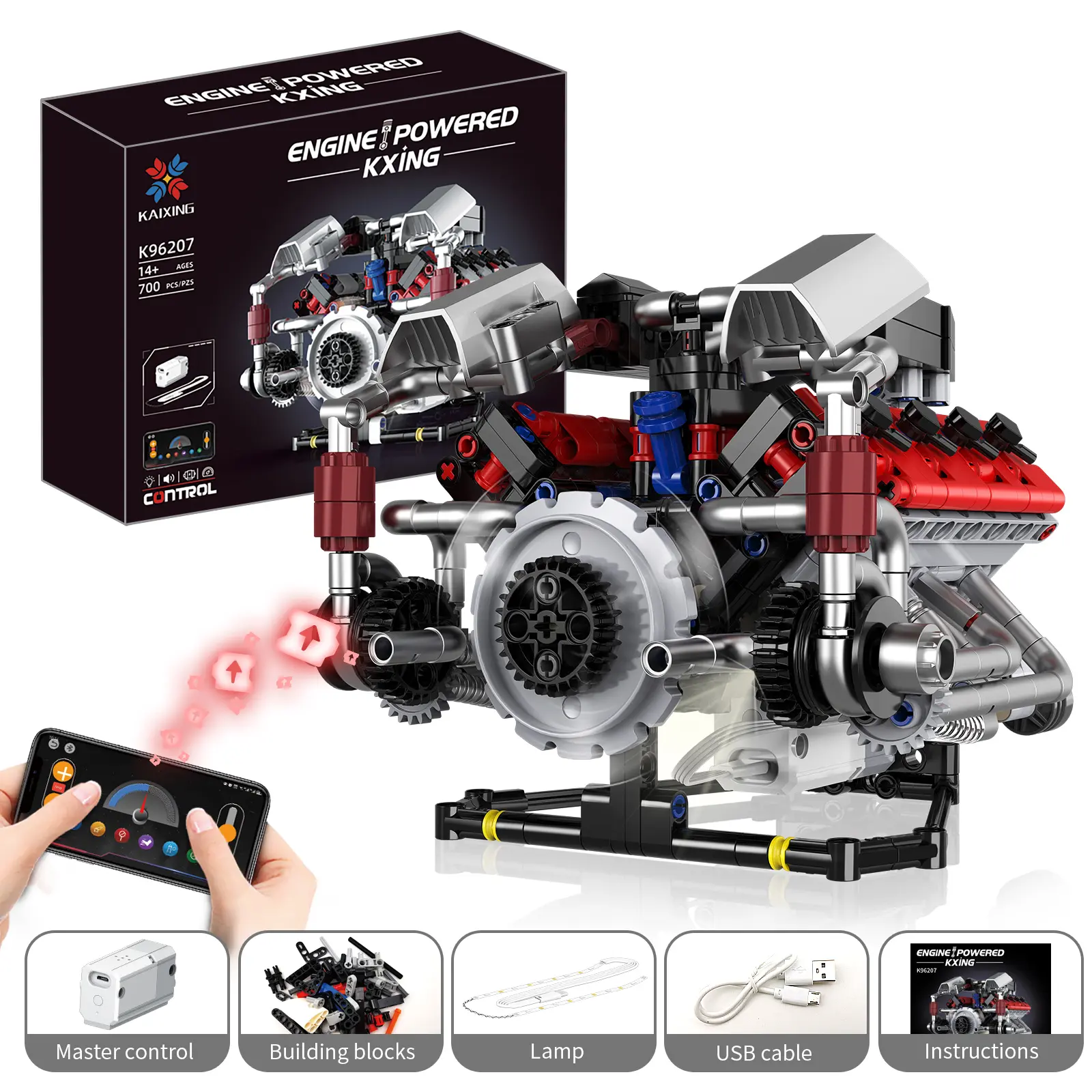 700cpsv8 Engine Building Kit with Motor, Programmable and Smartphone Remote Control, Includes Lighting Effects for Ages 14+, Ideal for Creative Display, Building Set, Stem Building Blocks, Diy Engineering Model, Model Building Kits