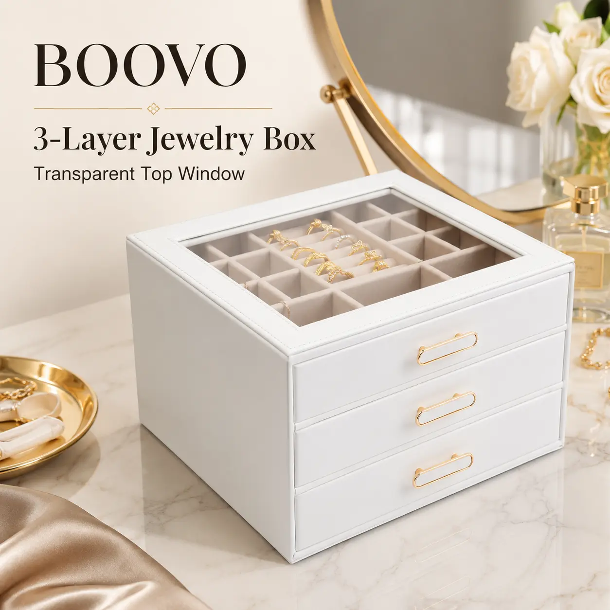 BOOVO 3-Tier Large Jewelry Box Organizer with Transparent Lid, Anti-Tarnish Velvet Lining Jewelry Case, High-End PU Leather Vanity Storage, Light Luxury Gift for Her（White）