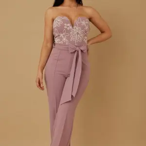 Sexy Jumpsuit with Embroidered Detail and Bow Tie Waist in Mauve Color