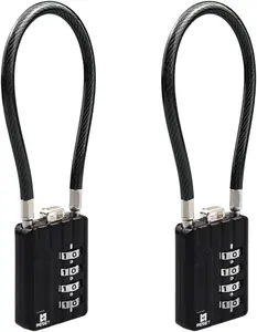-201 (2 Pack) 4 Digit Combination Padlock with 7.1 inch(18 cm) Cable, Long Lock, Cable Lock for Travel, Locker, Luggage, Suitcase, Toolbox, Helmet, Backpack, 5mm Diameter,Black