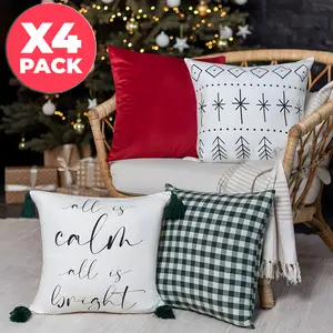 Joy Christmas Pillow Covers 18x18 Inch Set of 4 Modern Farmhouse Holiday Decorations Red Green Black White All Is Calm All Is Bright Xmas Cushion Cases for Couch Winter Decor