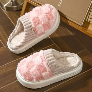 Cotton Slippers for Women Plaid Cuff Design Warm Fuzzy Fleece Non-Slip Soles Cute Walking Shoes Indoor Outdoor Use - Slide