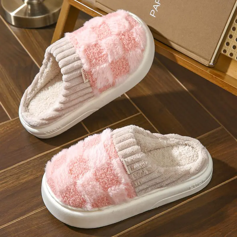 Cotton Slippers for Women Plaid Cuff Design Warm Fuzzy Fleece Non-Slip Soles Cute Walking Shoes Indoor Outdoor Use - Slide