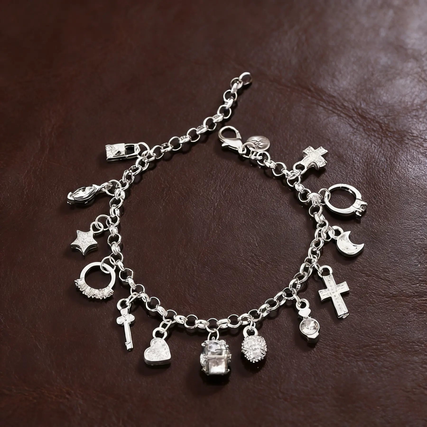 Silver Charm Bracelet for Women – 13 Lucky Cross/Heart/Star/Moon/Key/Lock Charms, Vintage Y2K Retro Aesthetic, Gift-Worthy for Birthday & Anniversary, All-Season Wear Fashion Jewelry