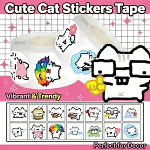 500Pcs Abstract Line Basil Cat Sticker Roll - Funny Cartoon DIY Decals, Customizable Stickers for Laptop, Cup, Luggage, Notebook, Valentine & Birthday Gift