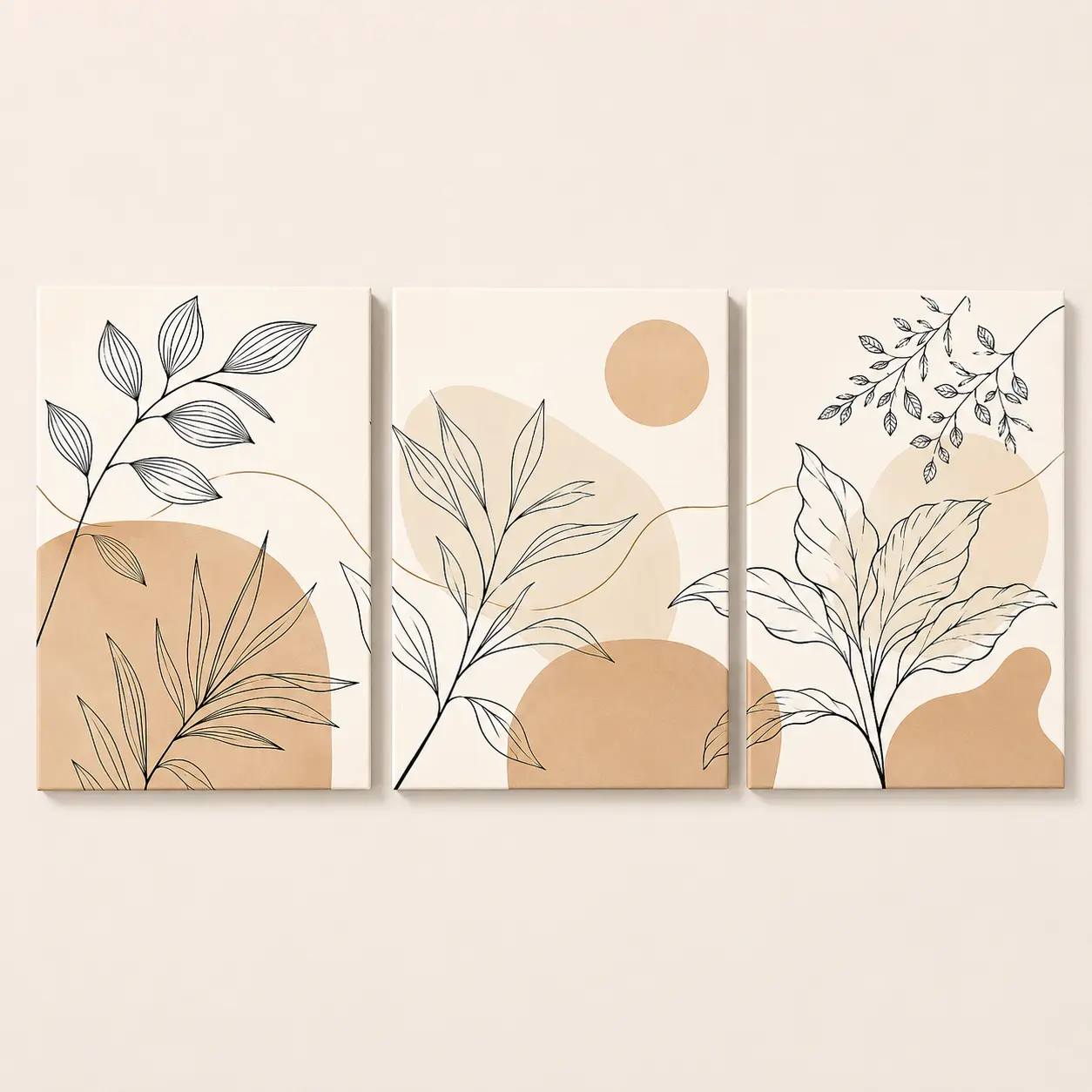 3-Panel Pine Wood-Framed Botanical Canvas Wall Art Set - Line Drawing Prints, Neutral Plant Designs, Home Decor for Living Room, Dining Room, Bedroom Aesthetic Hanging Decoration, Botanical Prints