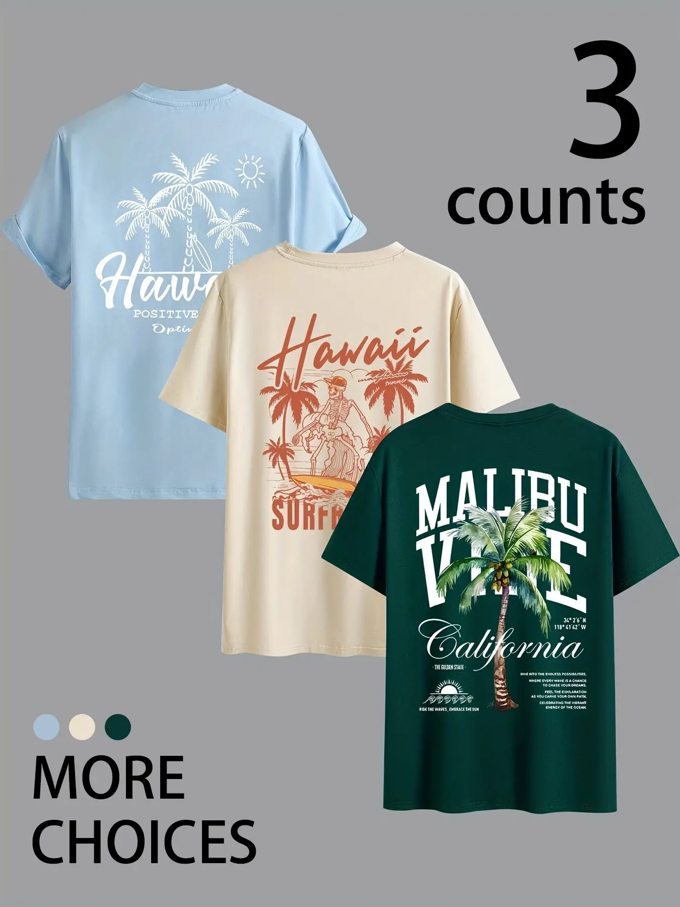Men's Hawaiian Tropical Coconut Tree Graphic Print 3-Pack Short Sleeve T-Shirts, Breathable Fabric, Casual Summer Wear, Beach & Daily, Artwork Tee