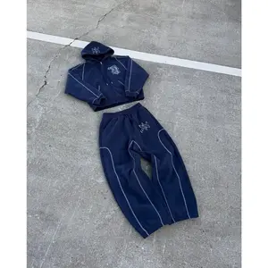 Men's American Y2K Hip Hop Oversized Embroidery Zipper Hoodie Sweatpants 2 Piece Set Casual Streetwear Tracksuit
