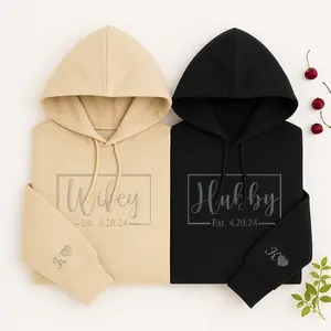Embroidered Hubby And Wifey Matching Hoodie, Personalized His And Hers Hoodie With Names Date, Wedding Gift, Valentine's Day