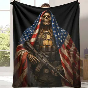 American Soldier Skeleton Flannel Blanket US Flag Military Art Print Warm Soft Cozy Durable for Bedroom Living Room Office Patriotic Decor Veterans Day Gift