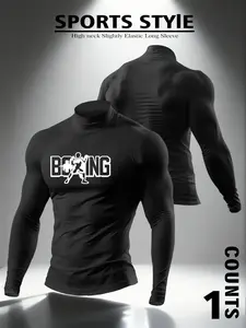 Men's Boxing Theme Black Turtleneck Long Sleeve, Athletic Shirt, Retro Sports Streetwear, Outfit with Boxing Print, Comfortable Stretchy Fabric, Versatile for Workouts, Errands & Hangouts, Ideal for Wardrobes