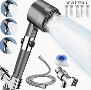 Filtered Handheld Shower Head Set with 5 Filters, High Pressure 3-Mode Shower Sprayer with Stop Button, Hose Holder & PTFE Tape for Bathroom