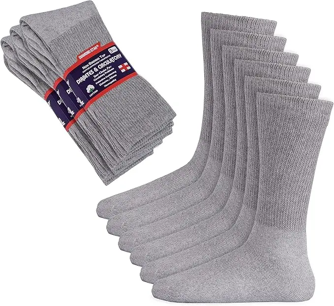 DIAMOND STAR 12 Pairs Diabetic Socks, Non-Binding Circulatory Cushion Cotton Crew Diabetic Socks for Men Women Menswear Grey 9-11