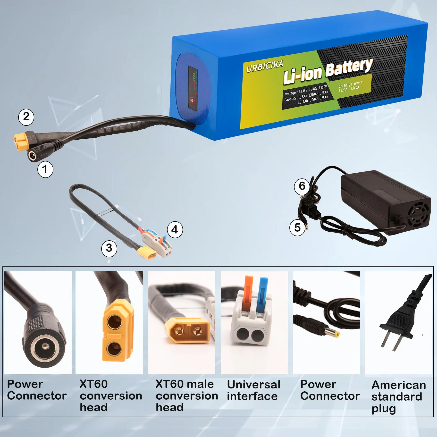 Urbicika 48V 15Ah Lithium Powered Ebike Battery Kit, with XT60 Conversion Head, Universal Interface for Electric Bicycles