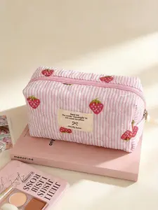 1PC Pink Strawberry Women Cosmetic Quilted Bag Portable Travel Organizer Toiletry Makeup Storage Pouch Handbag Ladies Zipper Bag