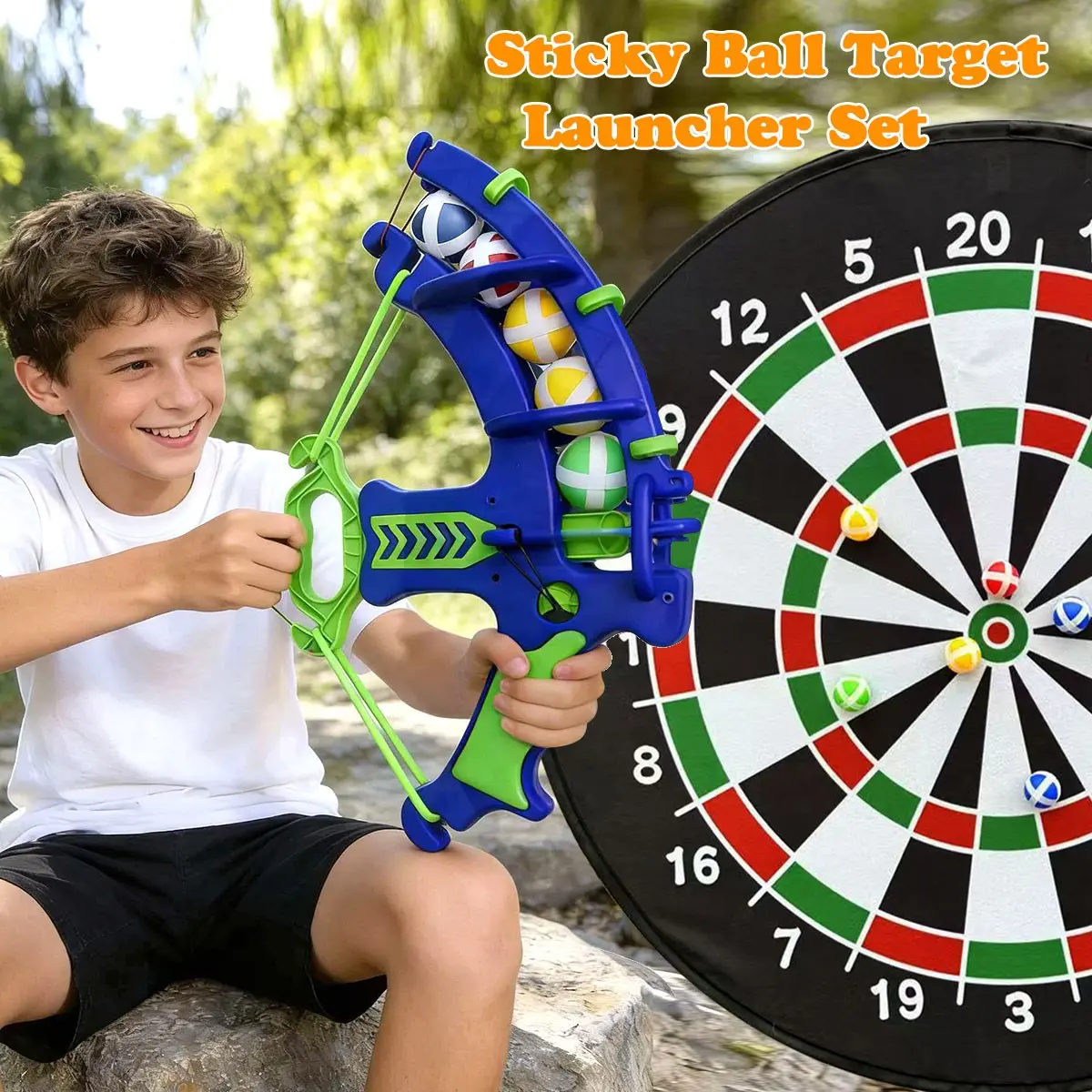 Two-In-One Game Competition Set, 26-Inch Dart Board + Plastic Ball Launcher + Sticky Balls, Foldable Indoor Outdoor Toy, Family Fun Gift, Darts Gear, Darts Sets, Dartboard