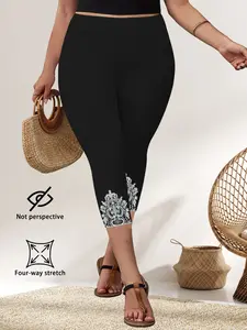 Plus Size Lace Print Seven-Quarter Tight Pants Leggings, High Waist Design, Comfortable Fit, Ideal for All-Day Wear, Casual Daily Choice