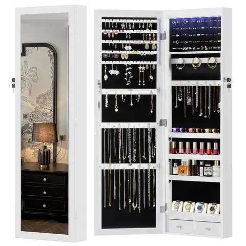 Sweetcrispy Sturdy Wooden Jewelry Organizer with 47.2" Full-Length Mirror - Soft Non-Glare LED Lights, Lockable Cupboard Cabinet, Mirror Cabinets, 2 Modern Drawers, 33 Hooks, Makeup Station, Visible Access to Accessories
