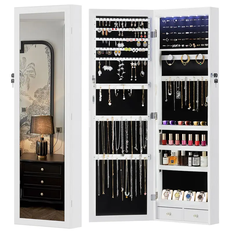 Sweetcrispy Sturdy Wooden Jewelry Organizer with 47.2" Full-Length Mirror - Soft Non-Glare LED Lights, Lockable Cupboard Cabinet, Mirror Cabinets, 2 Modern Drawers, 33 Hooks, Makeup Station, Visible Access to Accessories