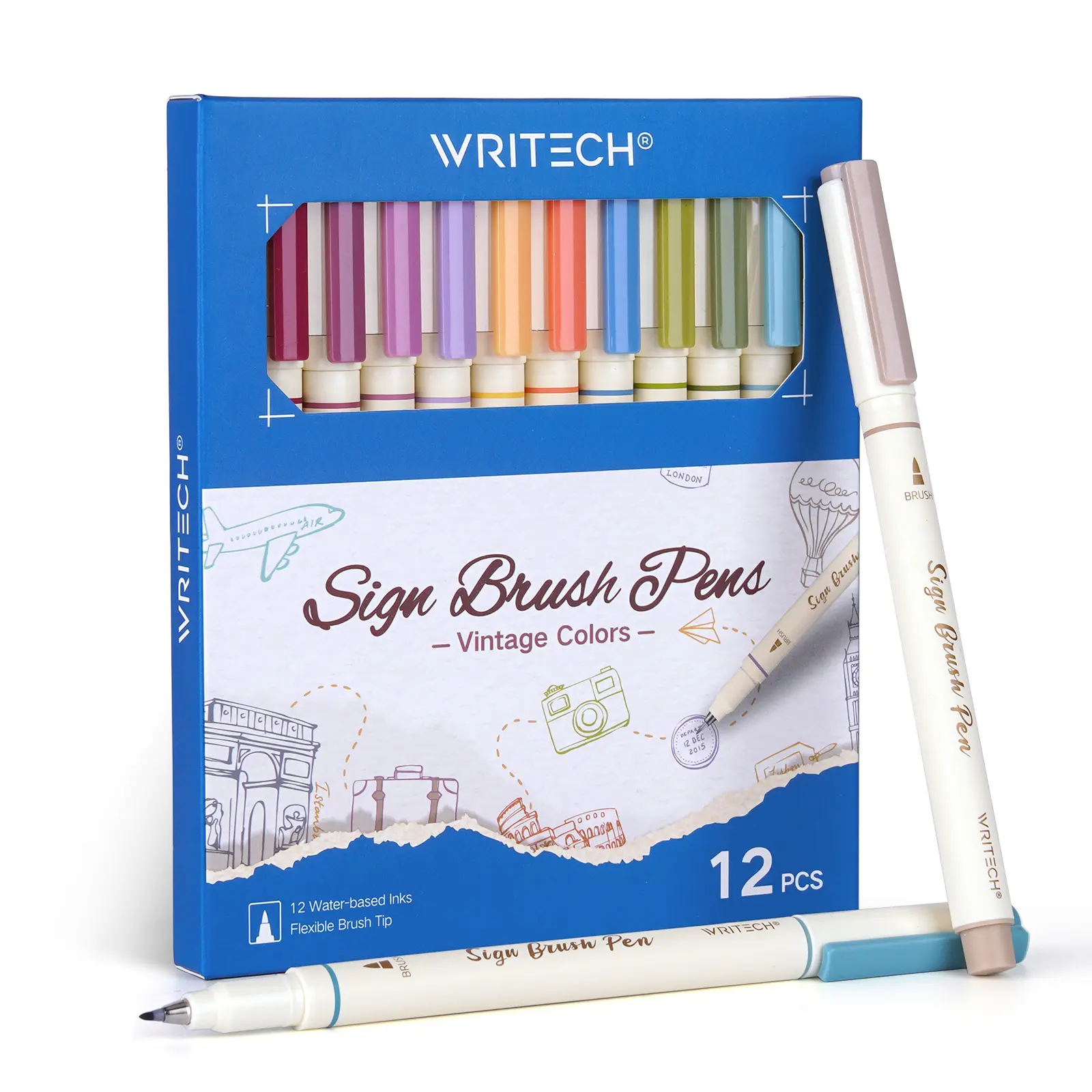 WRITECH Vintage Arts Sign Brush Pen Set - 12 Water Based Ink Markers Perfect for Crafting, Journaling and Calligraphy WRITECH Vintage Arts Sign Brush Pen Set - 12 Water Based Ink Markers Perfect for Crafting, Journaling and Calligraphy