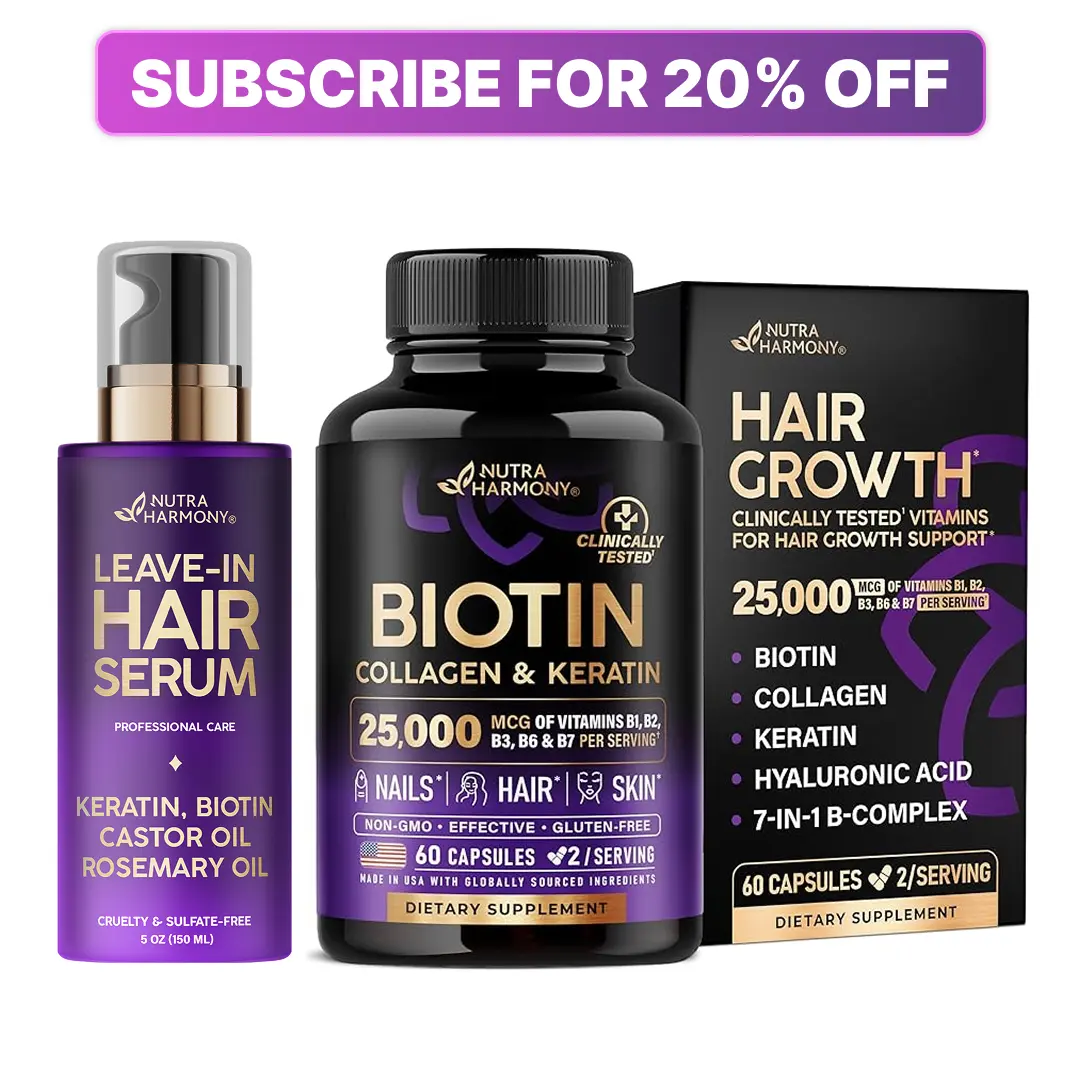 Biotin Hair Growth Bundle | Collagen, Keratin & Hyaluronic Acid Supplement + Hydrating Leave-In Serum with Castor & Rosemary Oil | Vitamins B1 B2 B3 B6 B7 B & E | Hair Skin Nails | Women & Men | Made in USA