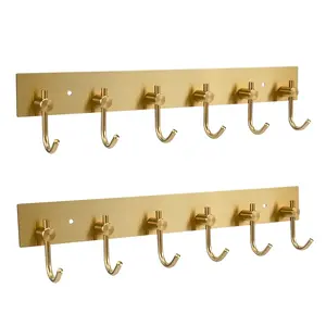 Decorative Adhesive Key Holder for Wall - 6 Row Stainless Steel Key Hooks Organizer for Keys, Coats, Towels, Hats | No Drill Mounting, Golden Key Hanger for Entryway, Hallway, Kitchen (2 Pack)