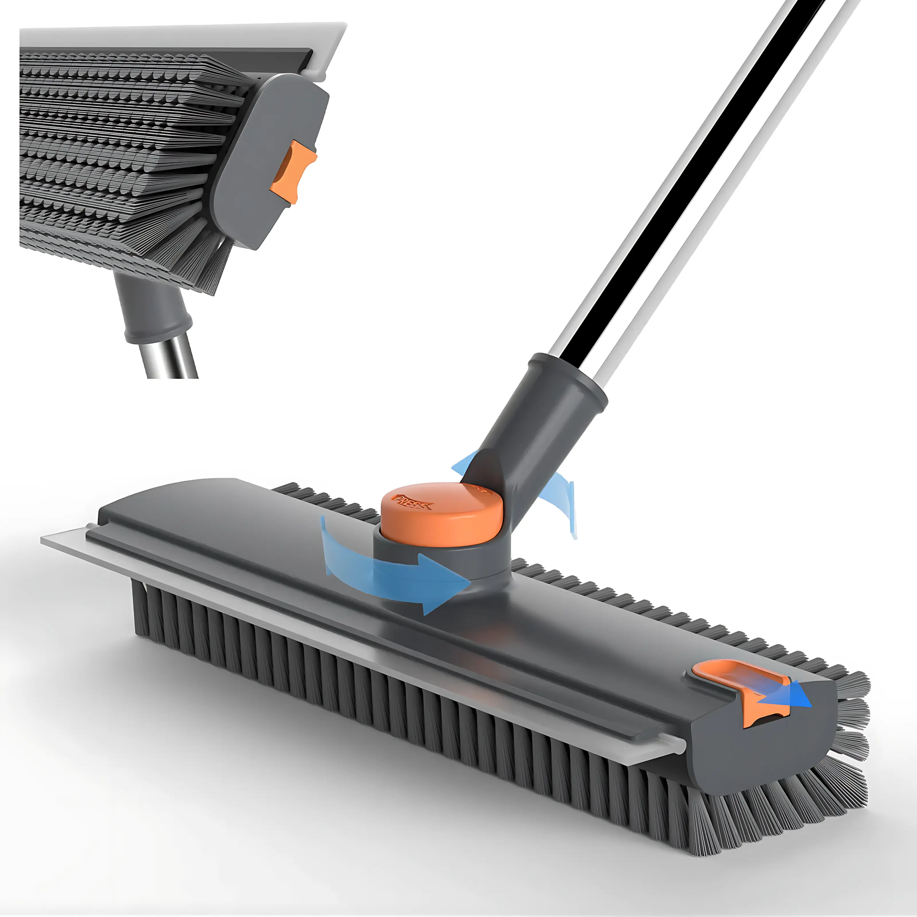 Heavy Duty Floor Scrub Brush with Long Adjustable Length Steel ABS Handle - 3-in-1 Multi-Function Rotatable Brush+Squeegee, Stiff Bristle Floor Cleaning Tool for Bathroom, Tile, Garage