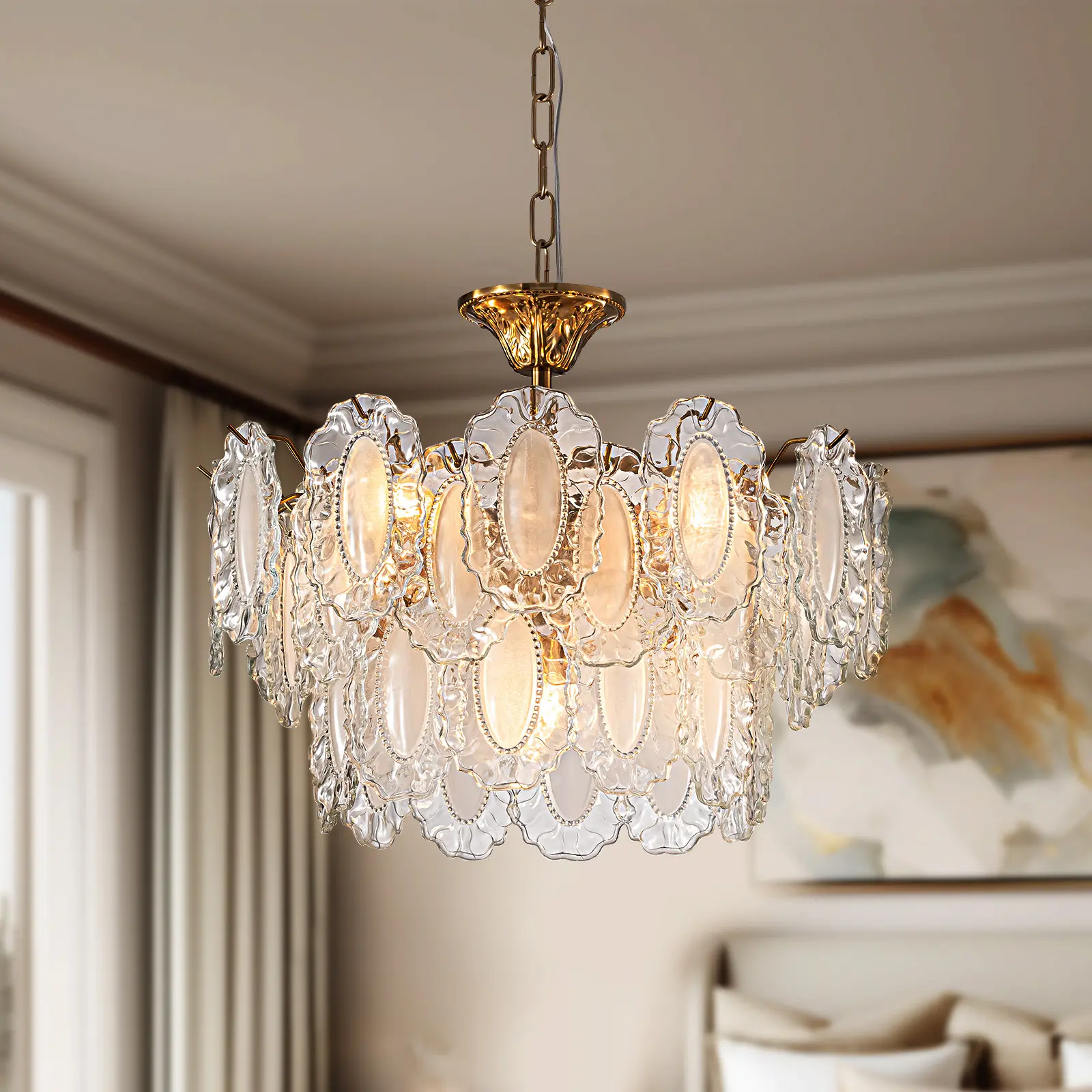Modern Gold Glass Chandelier, Dimmable Vintage Chandelier Antique Crystal Chandeliers 3-Layer 6 Light Round Pendant Chandelier for Dining Room Kitchen Island Living Room Bedroom Height Adjustable,Blubs not Include(20")