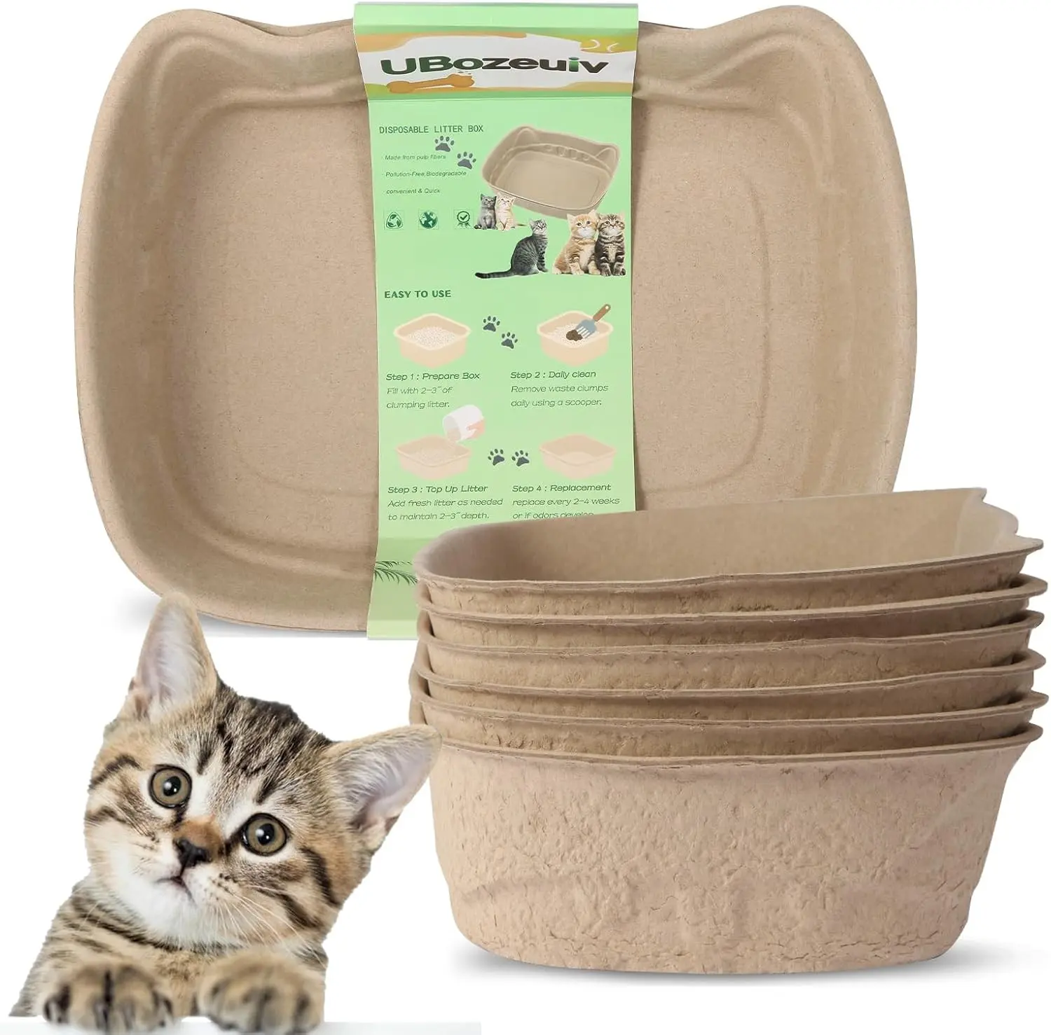 Small Disposable Litter Box 6-Pack for Kittens Travel Portable | 6-Pack, 14.2"×10.8"×4.0", Cat Ear Design, Cardboard, Leak-Proof, Home/Car/Travel Gift