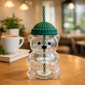 Adorable Bear Glass Cup 20oz – High Borosilicate Coffee & Drink Cup with Straw, Cute Daily Cup for Kitchen, Juice, Milk Tea, Smoothies & Gifts